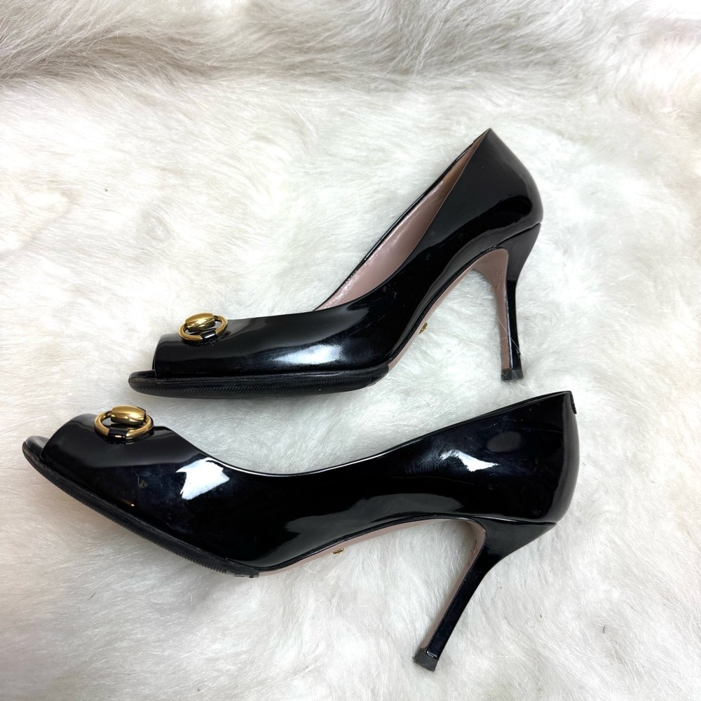 Gucci Horsebit Patent Leather Guccissima Peep Toe Pump Heels - Picture 6 of 10